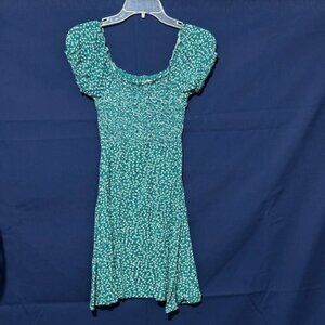 Green Dress with White & Blue Flowers, Size S